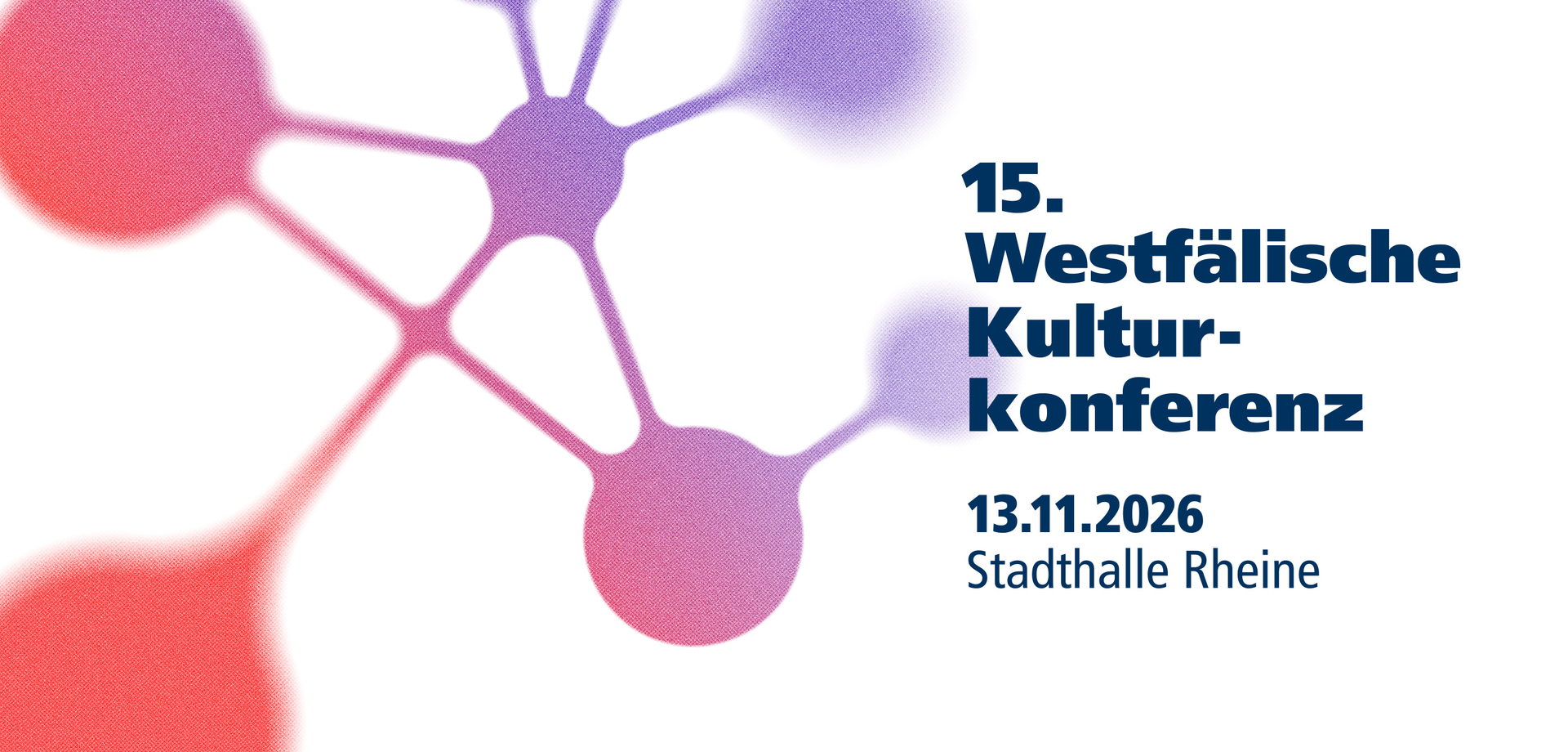 Violettpinkes Atomium mit dem Schriftzug "15. Westfälische Kulturkonferenz, 13.11.2026, Stadthalle Rheine"