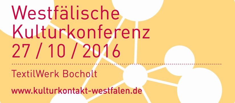 Orange-rote Einladung der 6. Westfälischen Kulturkonferenz mit dem Termin und dem Ort der Veranstaltung.