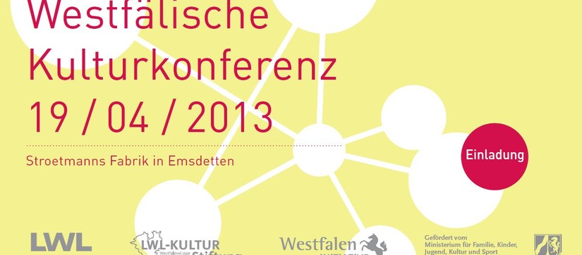Gelbe und rote Einladung der 3. Westfälischen Kulturkonferenz mit dem Termin und dem Ort der Veranstaltung.