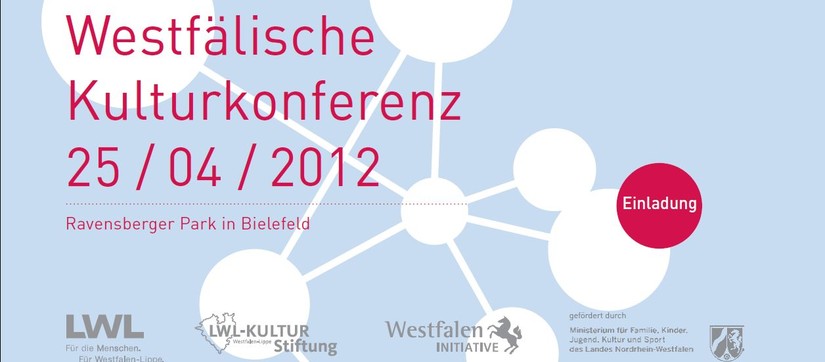 Blau-rote Einladung der 2. Westfälischen Kulturkonferenz mit dem Termin und dem Ort der Veranstaltung.