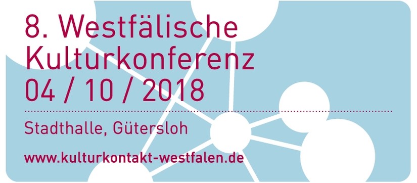 Blau-rote Einladung der 8. Westfälischen Kulturkonferenz mit dem Termin und dem Ort der Veranstaltung.