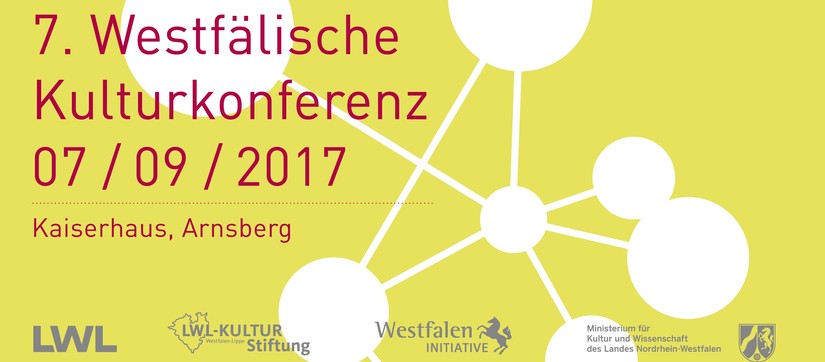 Gelb-rote Einladung der 7. Westfälischen Kulturkonferenz mit dem Termin und dem Ort der Veranstaltung.