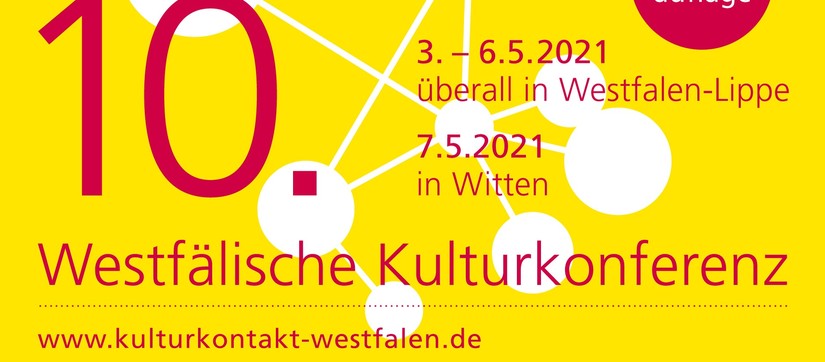 Gelb-rote Einladung der 10. Westfälischen Kulturkonferenz mit den Terminen und Orten der Veranstaltung.